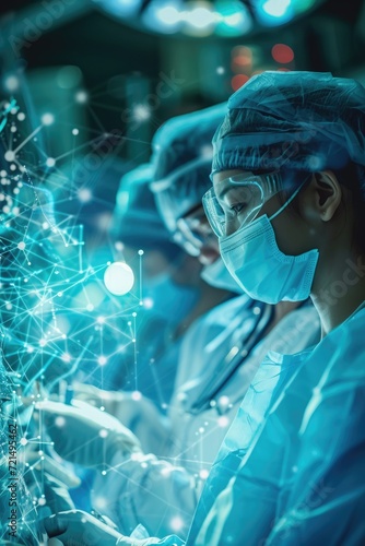 Future Technology: Teams of professional doctors in hospitals digitized graphically into connected automated machines. high tech medical tools 4.0