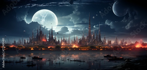 A luminous, futuristic cityscape emerging from the darkness