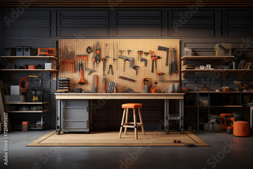 home garage workshop with a pegboard wall for organizing tool