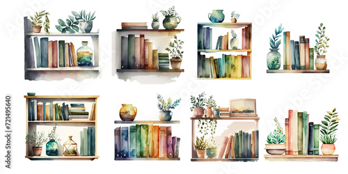Bookshelves with books and house plants photo