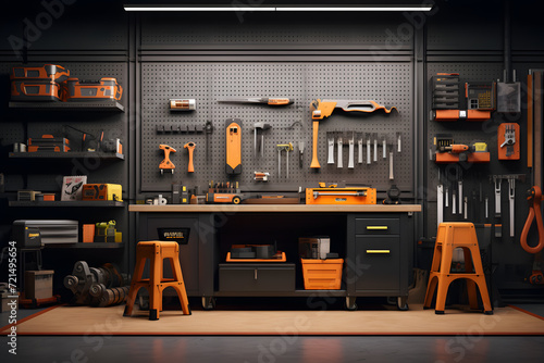 home garage workshop with a pegboard wall for organizing tool