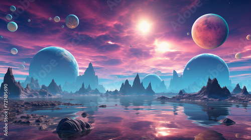 Surreal cosmic landscape with ethereal planets and moons