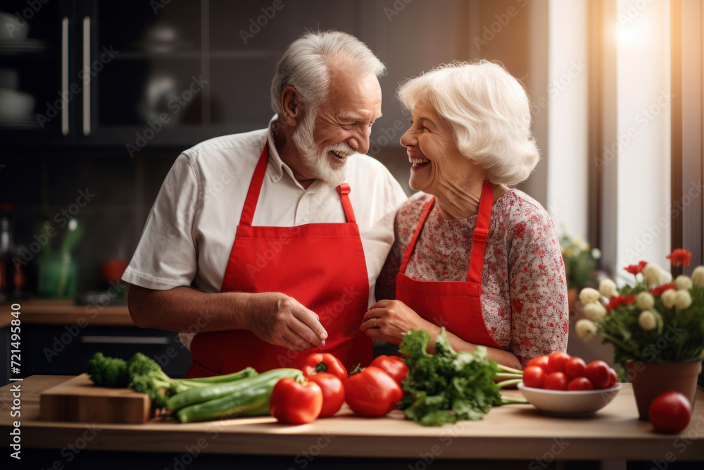 Caucasian married senior mature couple cooking in the kitchen