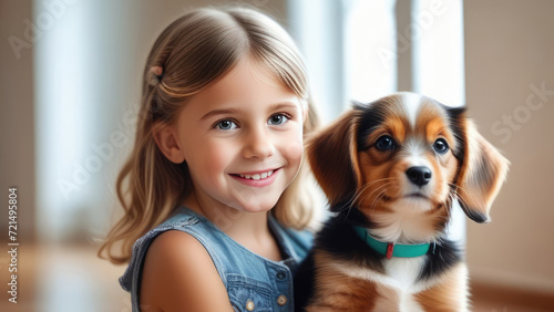 Portrait of a little girl with her favorite pet, a cheerful little dog. © DNV
