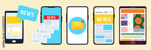 Breaking news set. Flat modern vector illustration of smartphone for online reading news in mobile phone app for a newspaper or magazine. Worldwide media in your device photo