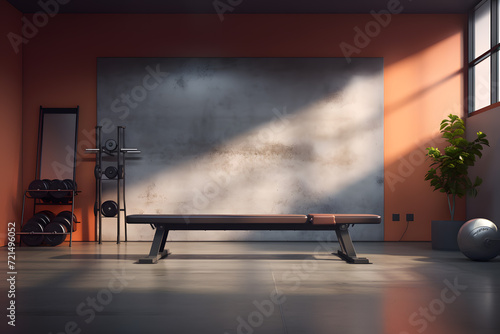 A gym with a wall-mounted adjustable height workout bench