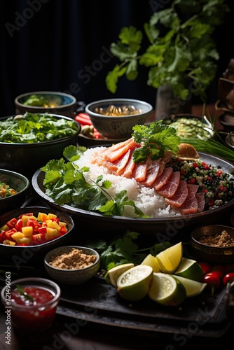 Fresh sashimi and vibrant garnishes create a colorful and inviting culinary display