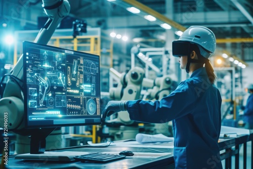 Futuristic Technology: Team of Engineers and Professionals Workers in Industry Manufacturing Factory that is Digitalized with Graphics into Connected Automated Machinery. High-Tech Industry 4.0. photo