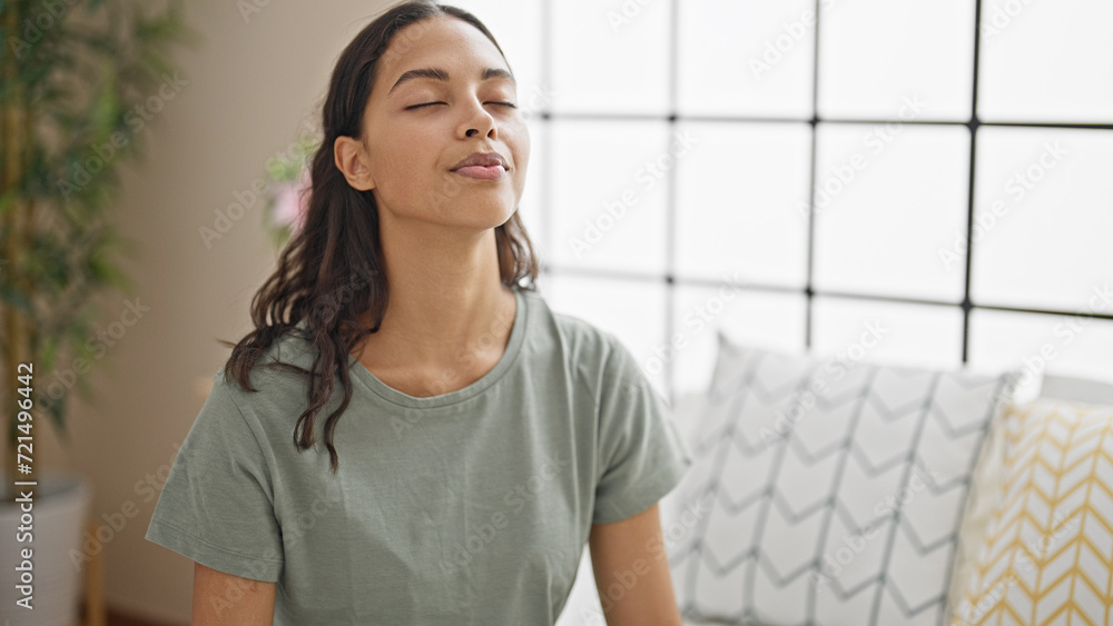 African american woman breathing with closed eyes at bedroom African american woman breathing with closed eyes at bedroom