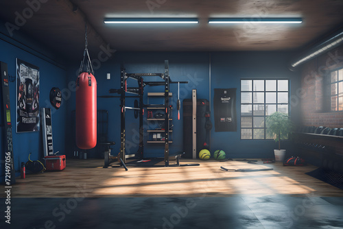 home gym with a wall mounted punching bag and speed bag