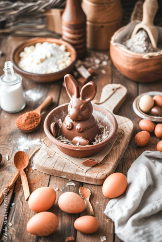 Easter bunny, chocolate rabbit and some pastry ingredients. Concept of Easter Holiday.