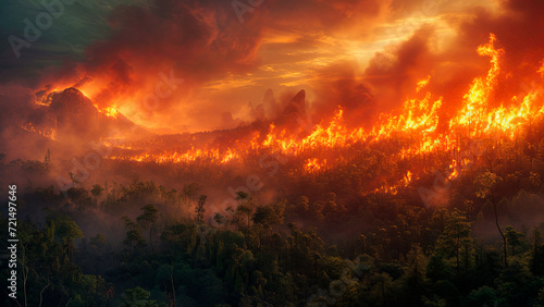 Forest Fire in a Mountain Landscape. The flames rage through the trees  creating a contrast against the rugged landscape. The scene depicts the destructive power of wildfires in natural enviroments