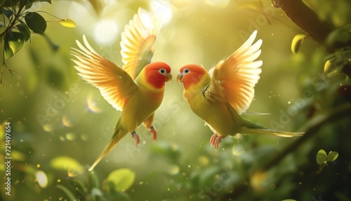 Witness the magical flight of lovebirds as they soar through the sky, painting a picture of eternal romance.
