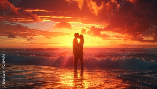 Bask in the warmth of a sunset beach silhouette  a romantic tableau of love against the backdrop of nature s beauty.  