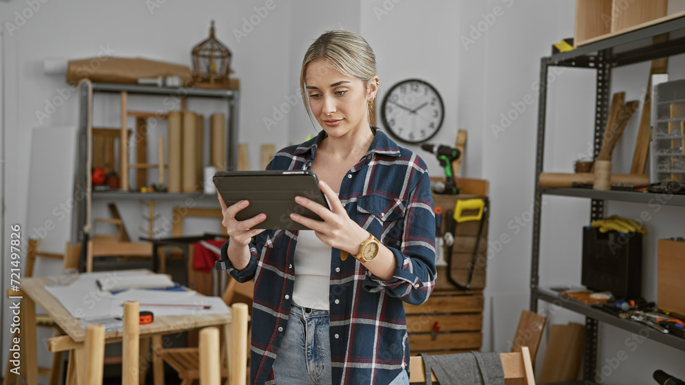 A focused blonde woman uses a tablet in a workshop with woodwork tools, projects, and shelving in the background.
