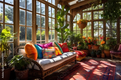 A sunlit conservatory with floor-to-ceiling windows, potted plants in vibrant hues, and a comfortable seating area with colorful cushions. © Nature Lover