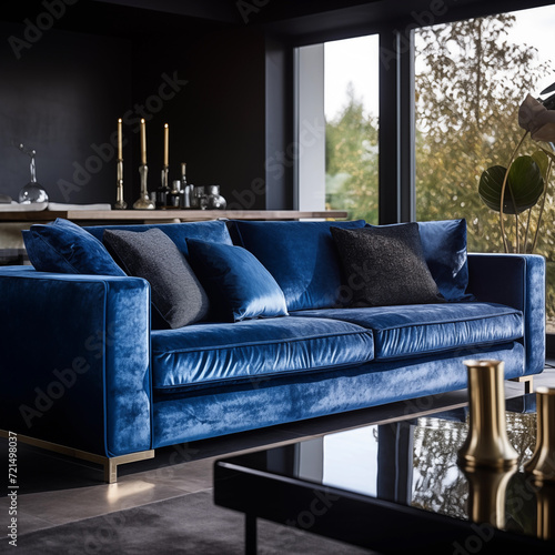 A navy blue quilted velvet sofa in a classic living room with dark walls and gold accessories