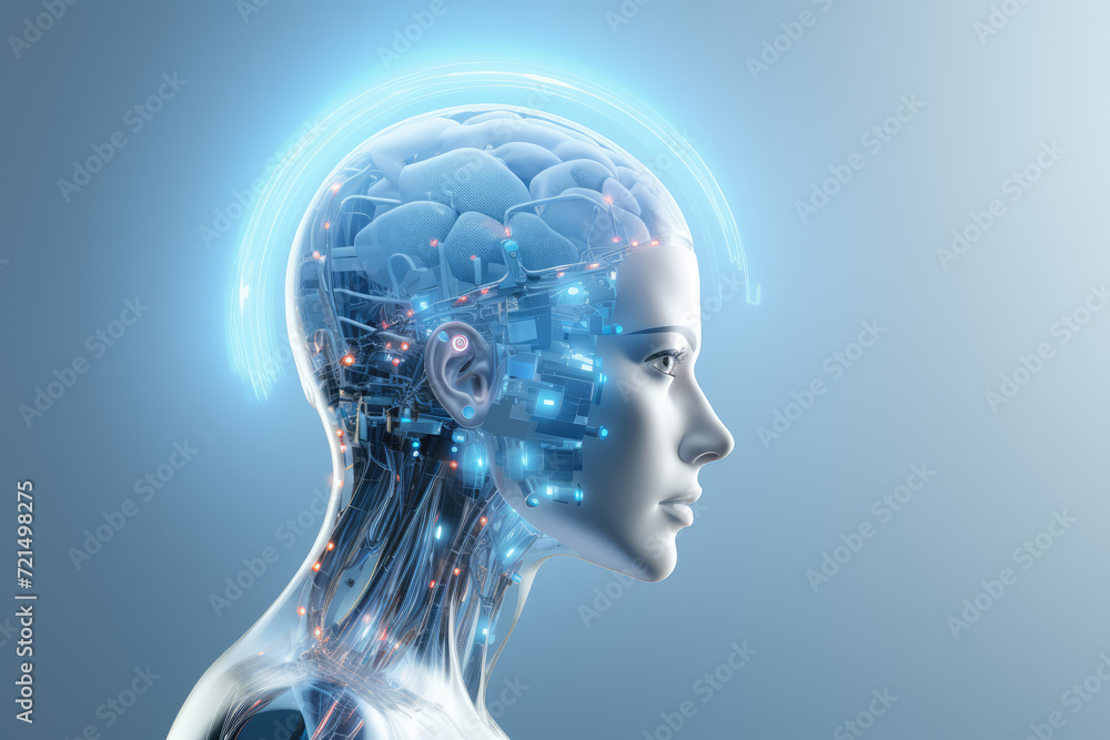 Obraz premium 3d rendering of female cyborg head with circuit board and blue background