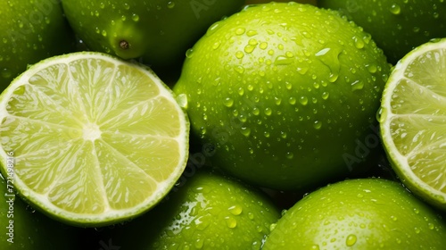 Green Limes close-up. Fresh green Lime on a green texture background. Limes top view. Diet healthy food. Food photography. Horizontal format, Minimalism.
