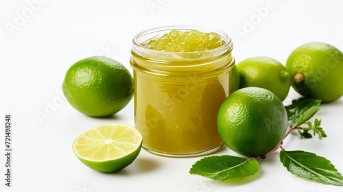 Jam with fresh Lime in a glass jar. Lime Marmalade with Limes on white background. Horizontal banner. Food photography. Horizontal format. photo