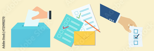 Hand voting ballot box icon. Hand putting paper in the ballot box. Voting concept. Vector illustration. Election and democracy campaign. Digital or online vote Sign set