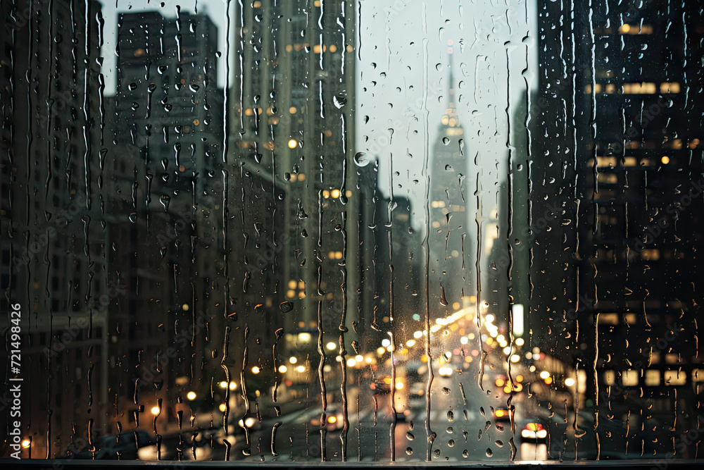 Double exposure of New York city at night with raindrops on glass