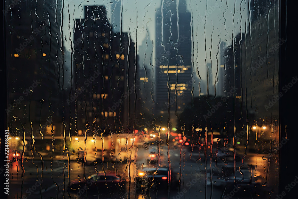Double exposure of New York city at night with raindrops on glass