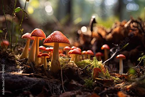 Mushrooms growing on mossy forest floor with raindrops.