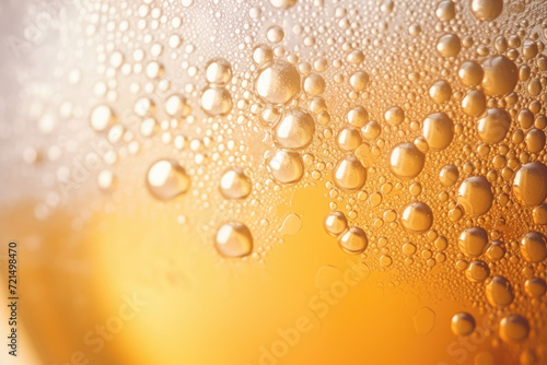 Close up of beer with bubbles in a glass. Beer background