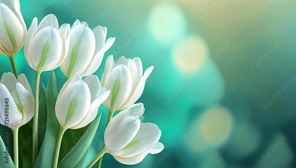 Piekne białe tulipany, wiosenne tło kwiatowe. Bukiet kwiatów tulipanów - obrazy, fototapety, plakaty 