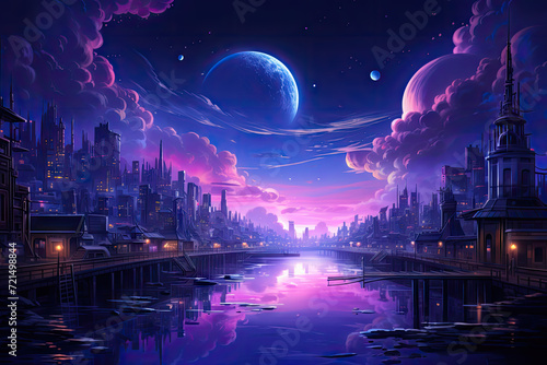 Fantasy city at night with a full moon. 3D rendering