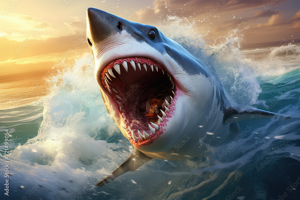 Obraz premium Great white shark with open mouth and huge teeth. 3d render