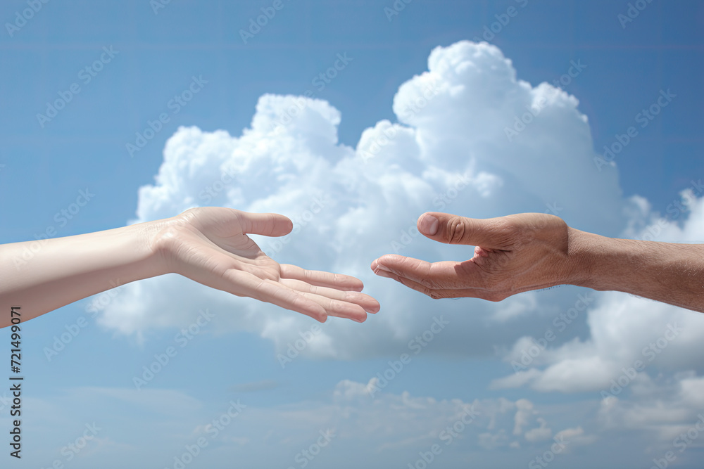 Close up of human hands against blue sky with white clouds background Close up of human hands against blue sky with white clouds background