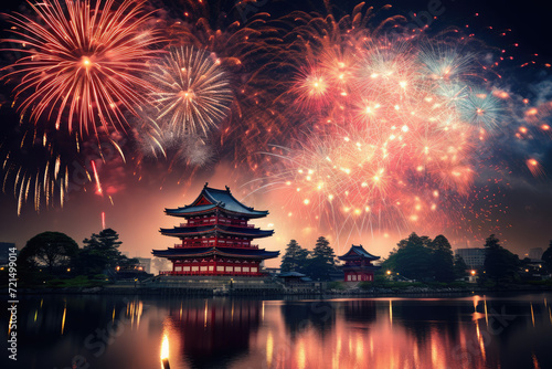 Beautiful fireworks display with Hengshan Temple at night, Hangzhou, China