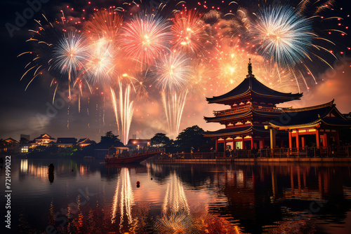 Beautiful fireworks display with Hengshan Temple at night, Hangzhou, China