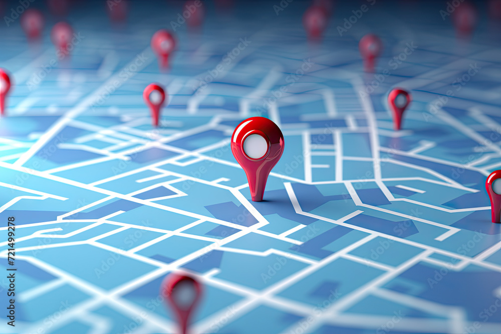 3d illustration of map with red pointers over blue background with map - obrazy, fototapety, plakaty 