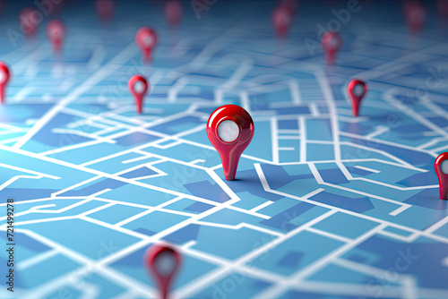 3d illustration of map with red pointers over blue background with map