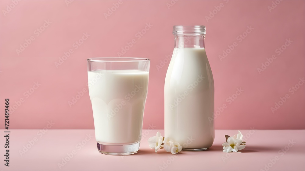 image of a glass and bottle with milk on a soft pink pastel background for advertising, design image of a glass and bottle with milk on a soft pink pastel background for advertising, design