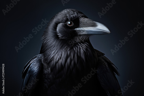 Close up portrait of a black raven on a dark background, low key