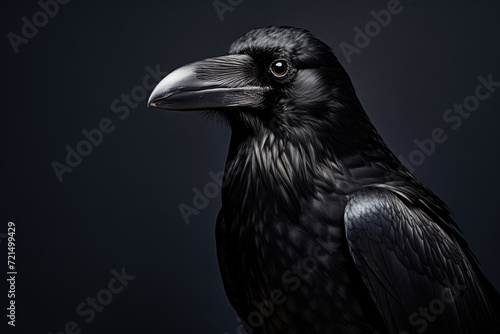 Close up portrait of a black raven on a dark background, low key