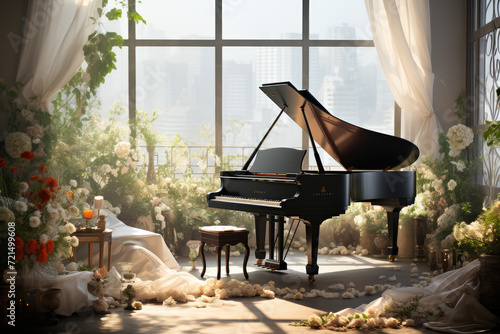 Eiffel tower, piano and flowers in Paris, France
