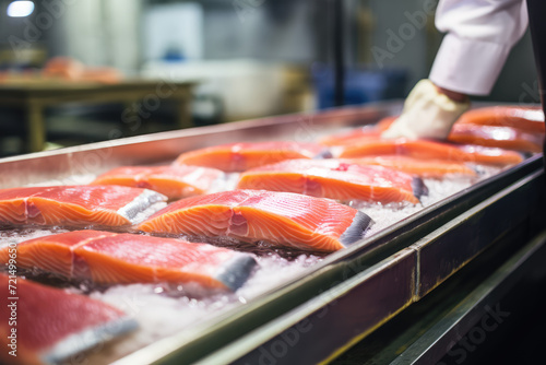 Raw fresh salmon fillets on a conveyor belt in a modern factory