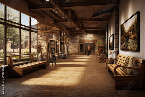 Interior of modern office lobby with wooden walls, concrete floor and wooden reception desk