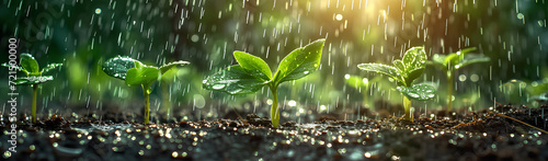 young plants growing on the ground in the rain save lives, banner photo