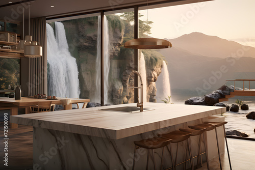 kitchen with a waterfall edge island and a panoramic view