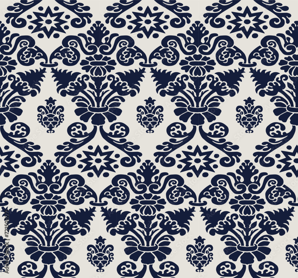 Blu Victorian Damask Luxury Decorative Fabric Seamless Pattern Vector, Vintage Design for Wallpapers, Textile, Upholstery, Curtains, Slipcover, Packaging, Bedding