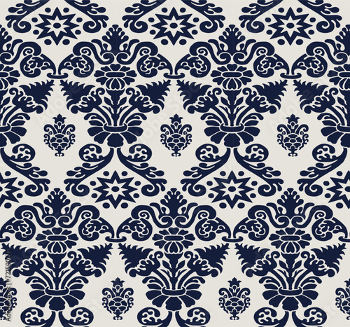 Blu Victorian Damask Luxury Decorative Fabric Seamless Pattern Vector, Vintage Design for Wallpapers, Textile, Upholstery, Curtains, Slipcover, Packaging, Bedding