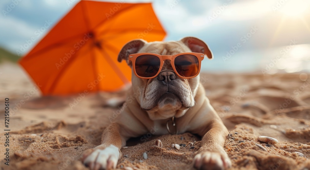 A stylish beach day for this cool canine as it lounges on the sandy shore, donning its trendy sunglasses, showcasing its breed and love for outdoor adventures