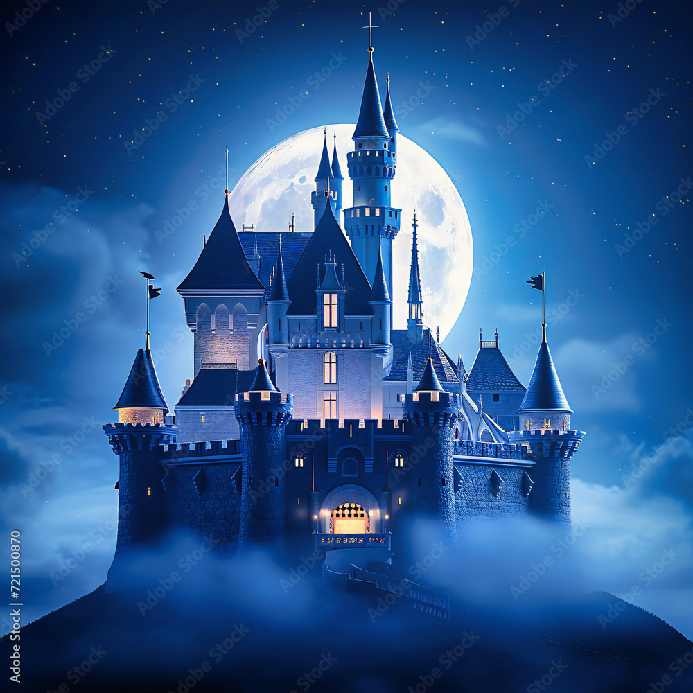 Spooky Halloween castle under a full moon, with bats flying in the ...