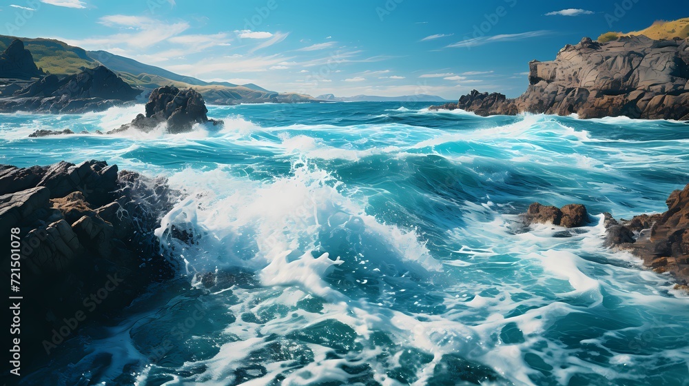 A mesmerizing shot of the cobalt blue ocean, with waves crashing against jagged rocks A mesmerizing shot of the cobalt blue ocean, with waves crashing against jagged rocks